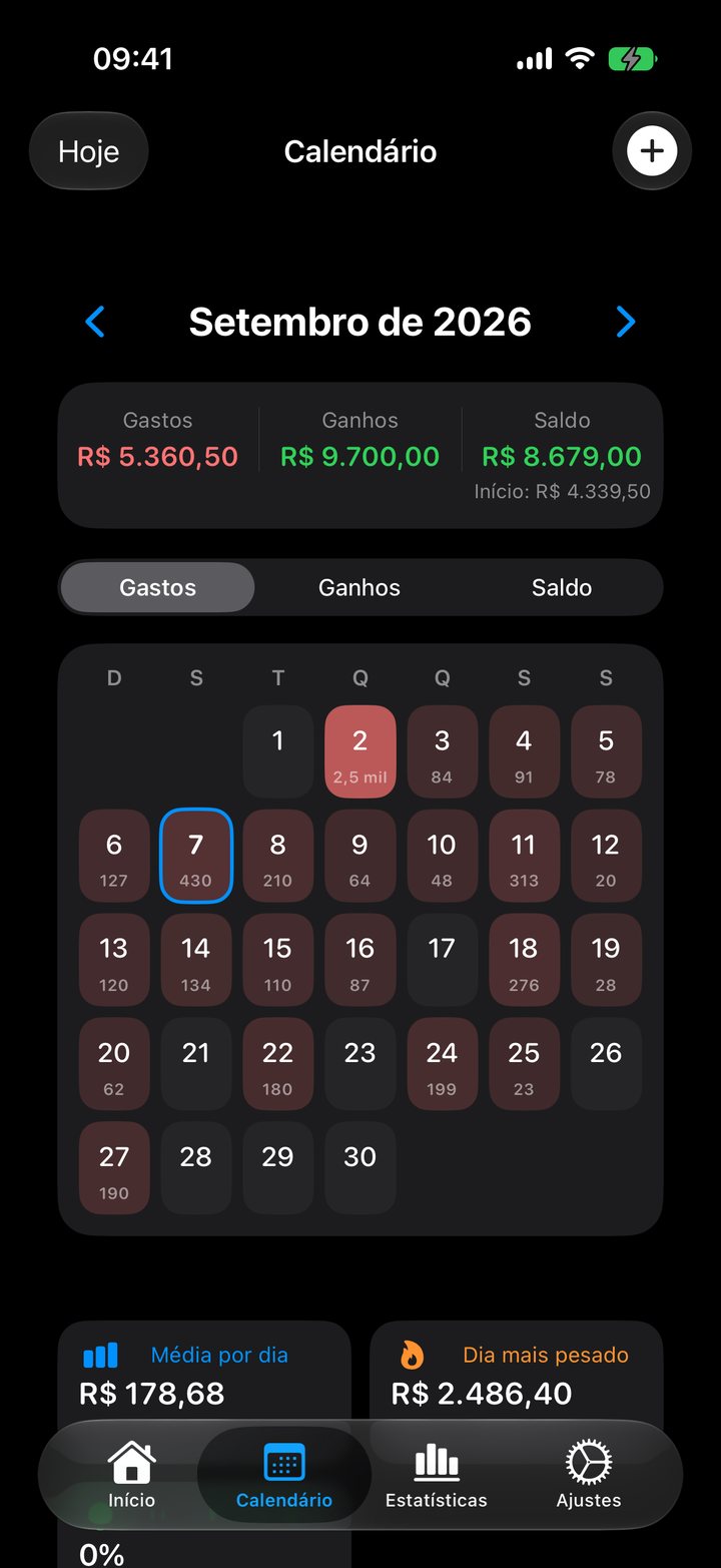 Tela Calendário do Flow Pro com os gastos de cada dia
