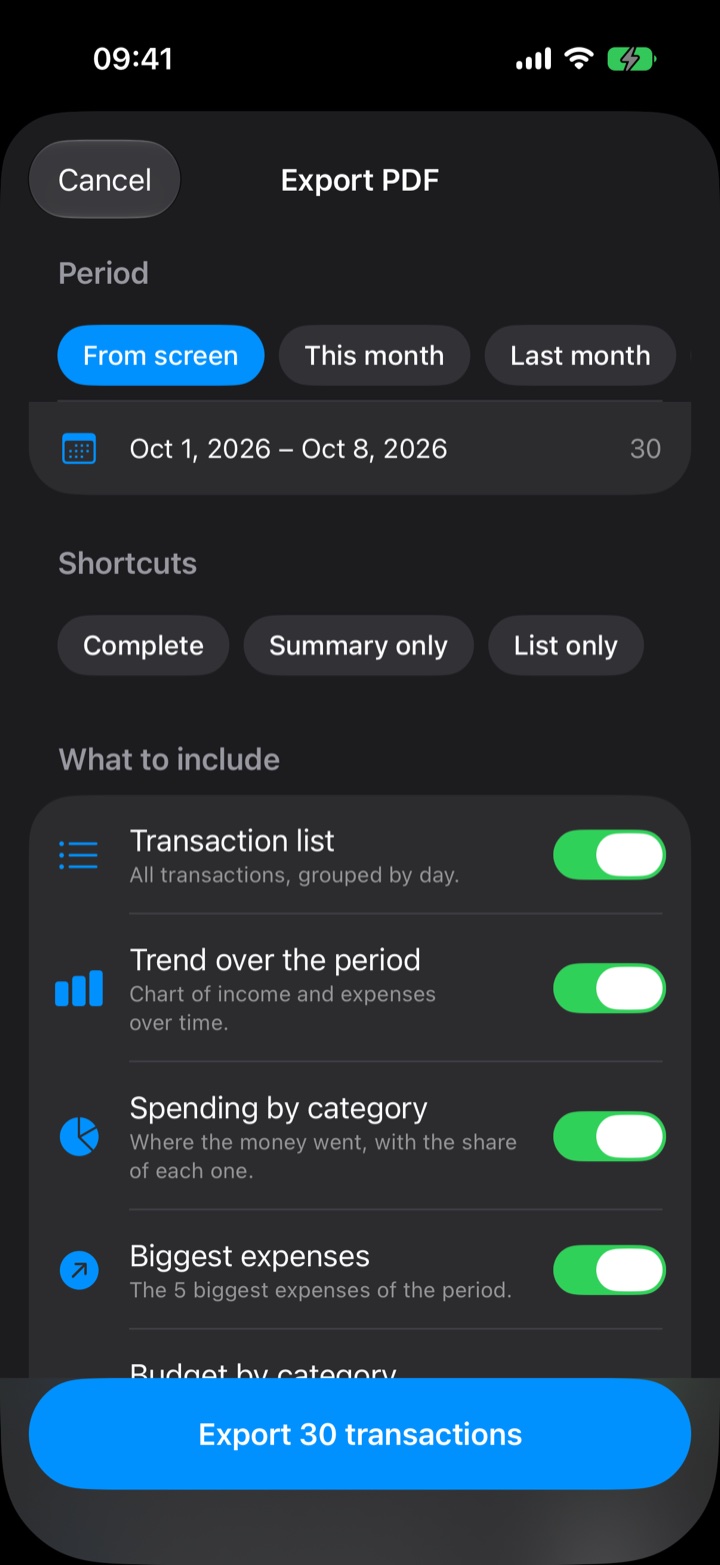 Flow Pro Export PDF screen, with period, shortcuts and what to include