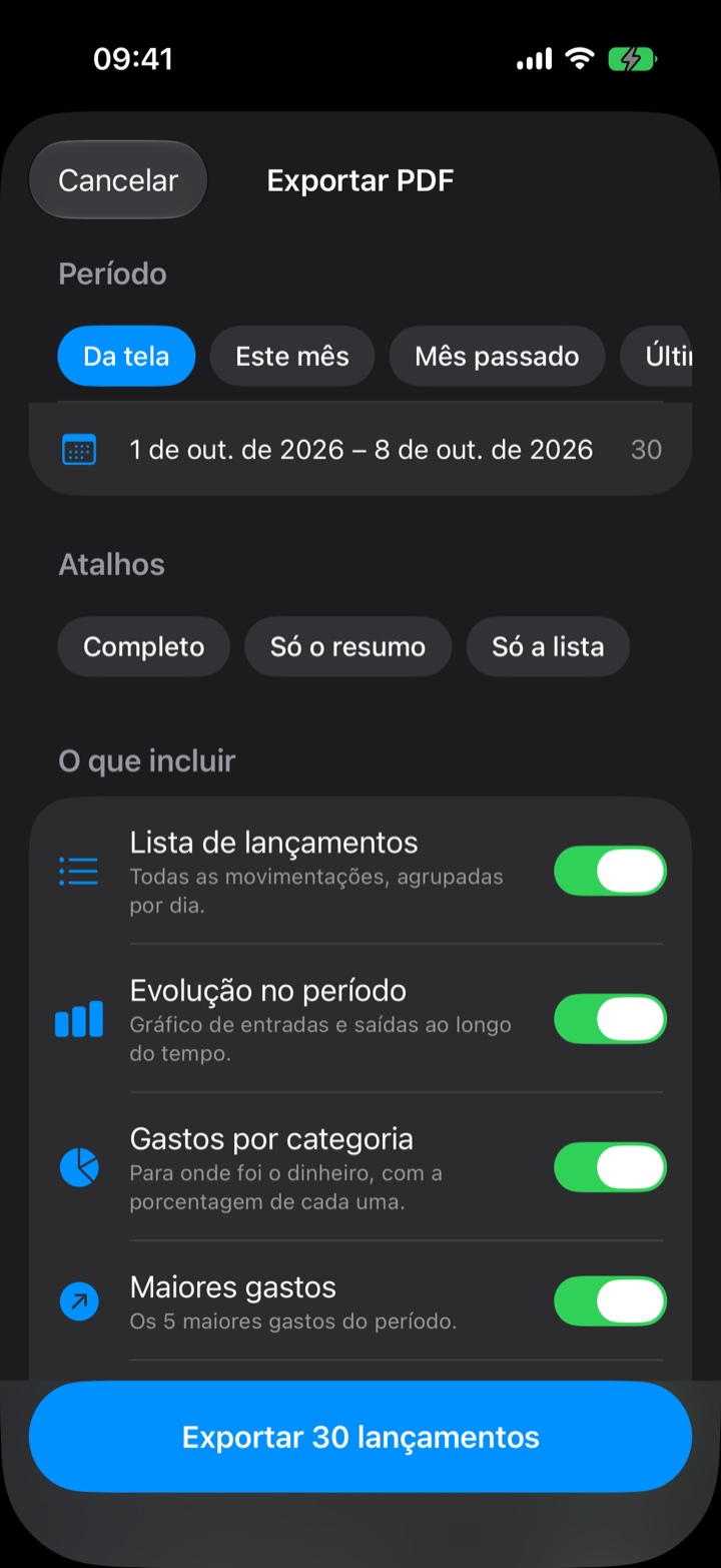 Tela Exportar PDF do Flow Pro, com período, atalhos e o que incluir