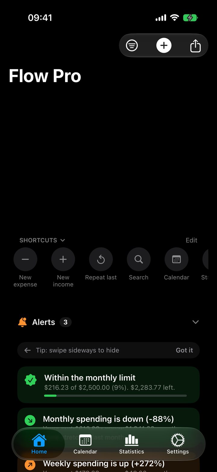 Flow Pro Home screen with the month's balance