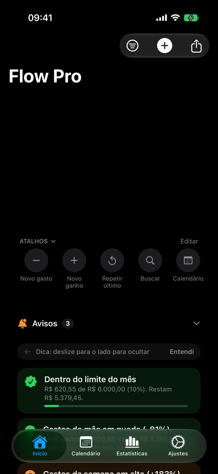 Tela Início do Flow Pro com o balanço do mês