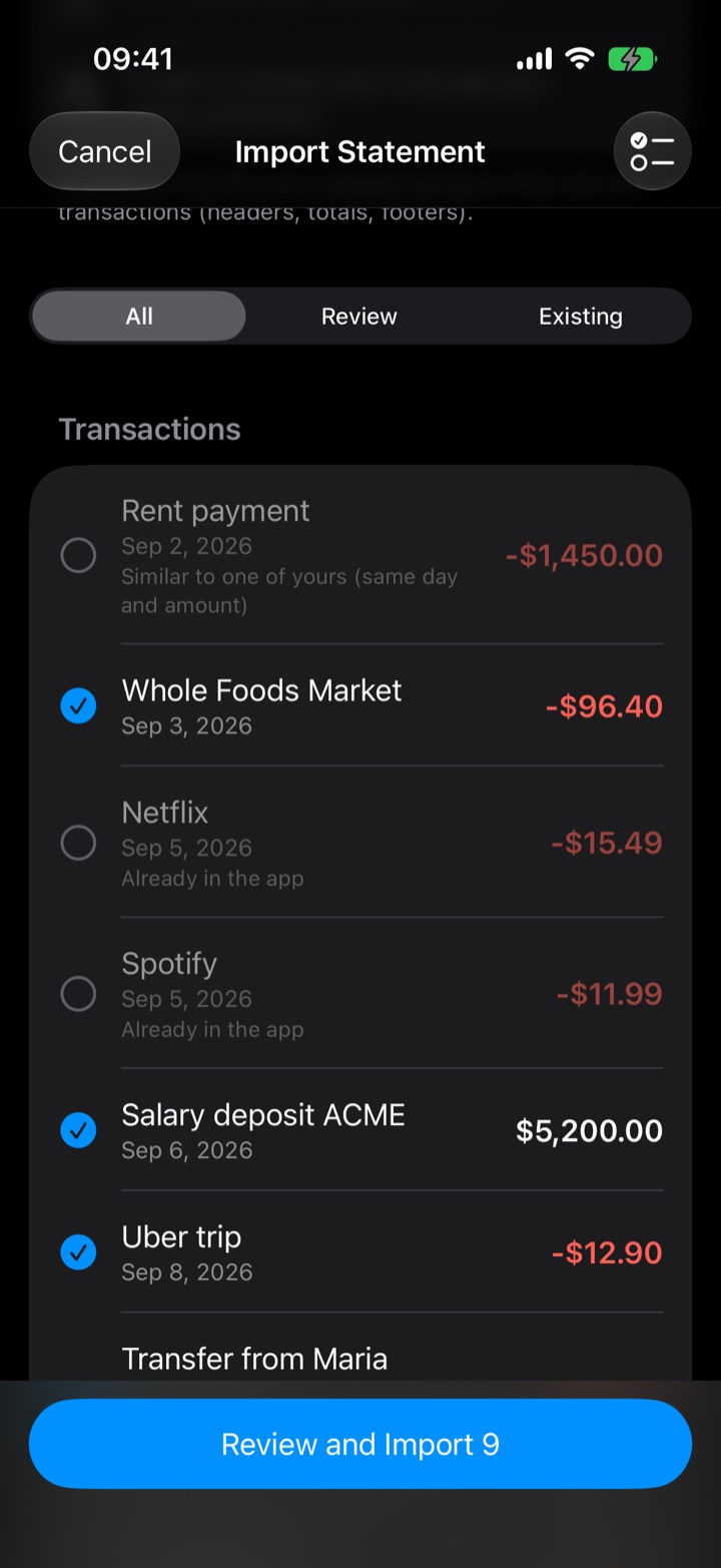 Flow Pro Import Statement screen, reviewing the entries read from the PDF