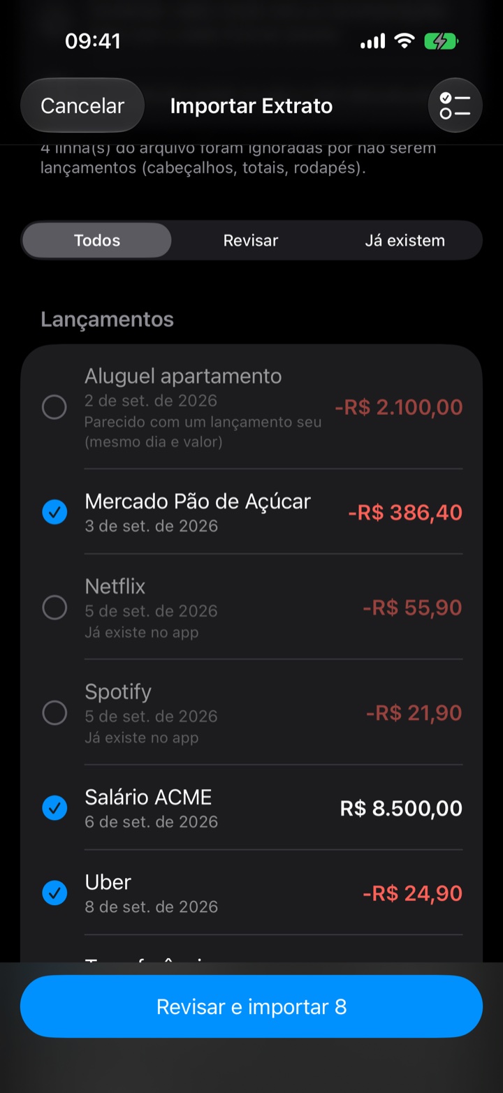 Tela Importar Extrato do Flow Pro, com a revisão dos lançamentos lidos do PDF