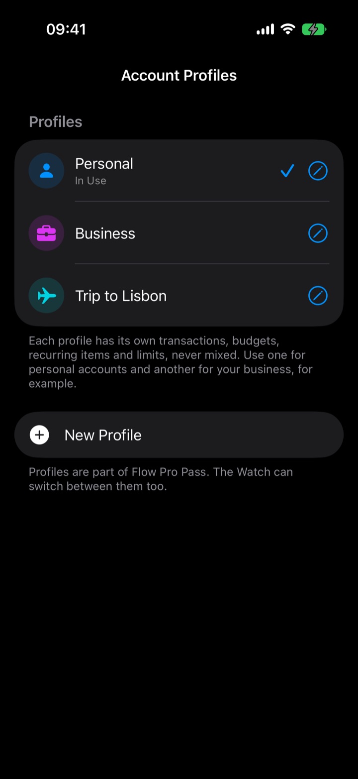 Flow Pro Account Profiles screen, with Personal, Business and Trip to Lisbon