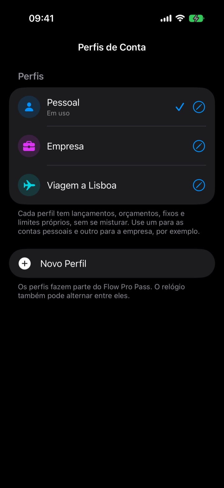 Tela Perfis de Conta do Flow Pro, com os perfis Pessoal, Empresa e Viagem a Lisboa